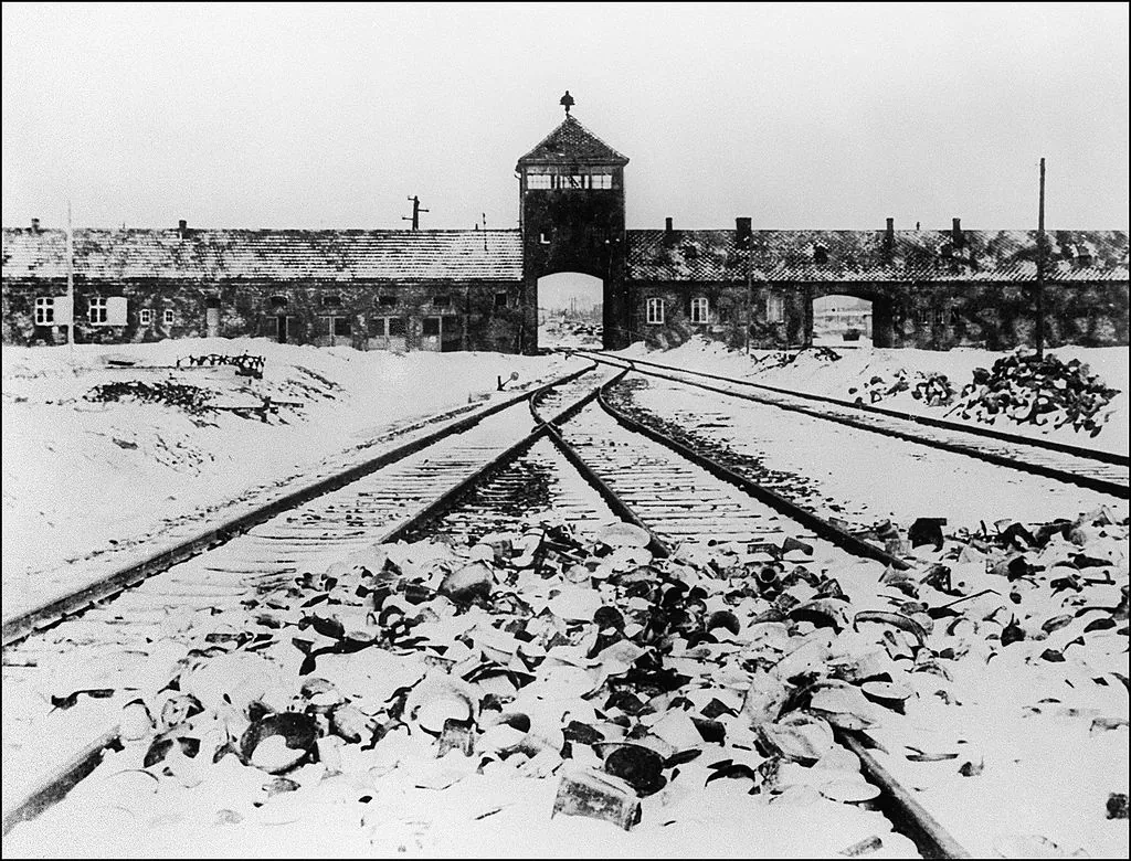 A picture taken in January 1945 depicts Auschwitz concentration camp gate and railways after its liberation by Soviet troops. (AFP/AFP/Getty Images)