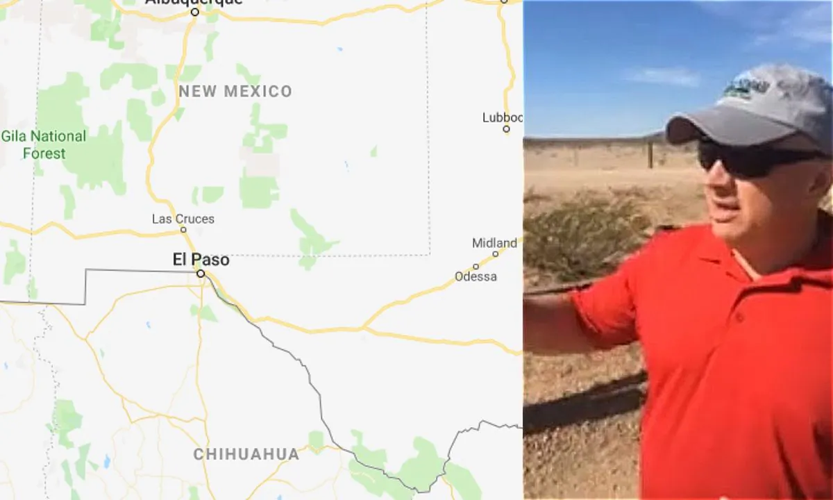 Google map of the southern border between  El Paso and New Mexico (Google Maps) and an image of Congressman Denver Riggleman at the border. (Media Release/Denver Riggleman)
