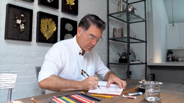 Michael Aram drawing in New York studio