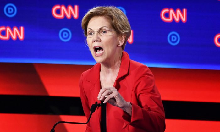 Democratic presidential hopeful former US Senator from Massachusetts Elizabeth Warren delivers her closing statement in the first round of the second Democratic primary debate of the 2020 presidential campaign season hosted by CNN at the Fox Theatre in Detroit, Michigan on July 30, 2019. (Brendan Smialowski/AFP/Getty Images)
