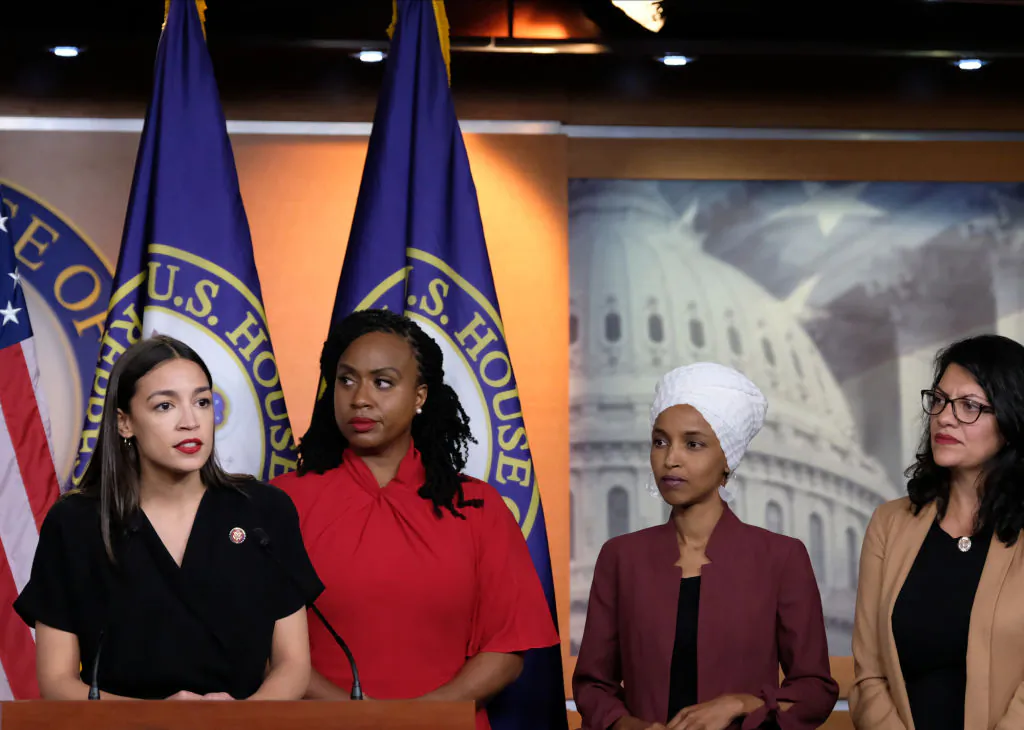 Rep. Alexandria Ocasio-Cortez (D-N.Y.) speaks as Reps. Ayanna Pressley (D-Mass.), Ilhan Omar (D-Minn.), and Rashida Tlaib (D-Mich.) listen during a press conference in Washington on July 15, 2019. (Alex Wroblewski/Getty Images)