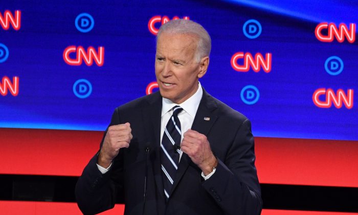 Democratic presidential hopeful Former Vice President Joe Biden speaks during the second round of the second Democratic primary debate of the 2020 presidential campaign season hosted by CNN at the Fox Theatre in Detroit, Mich., on July 31, 2019. (Jim Watson/AFP/Getty Images)