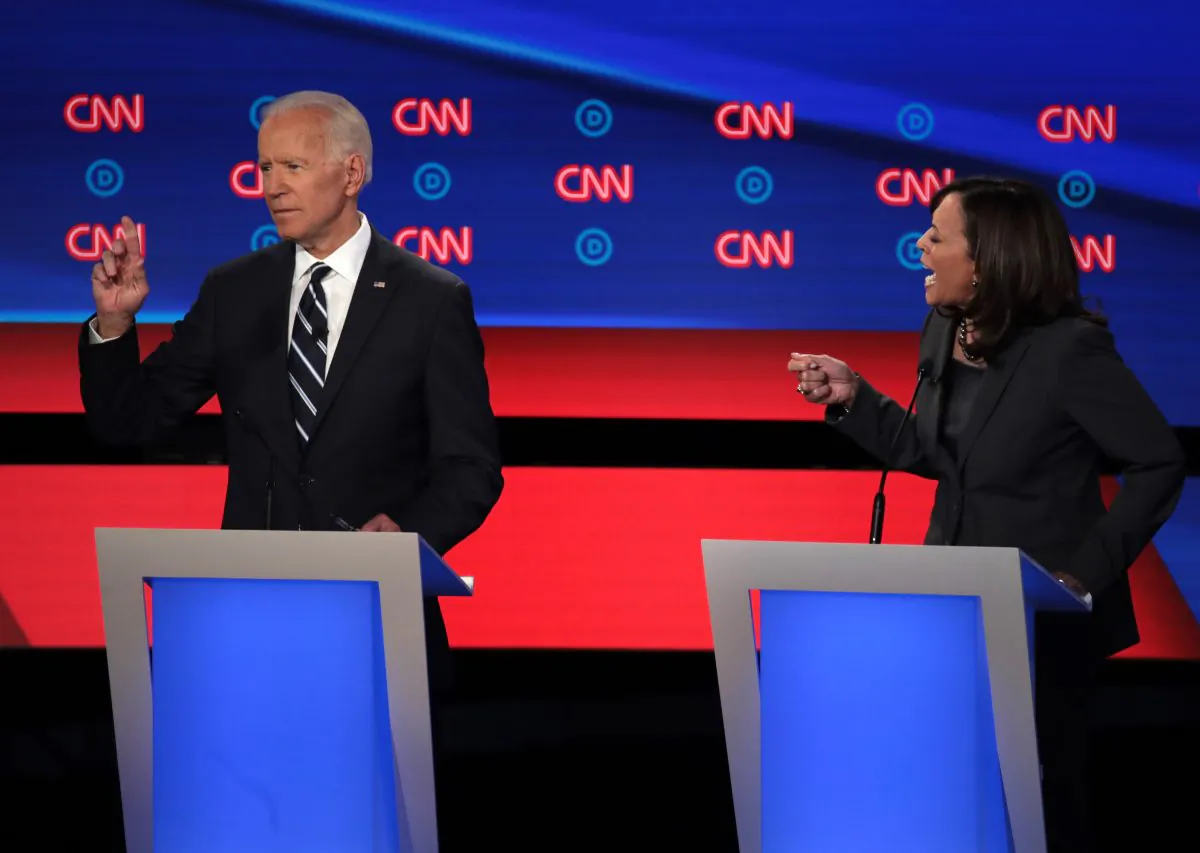 Democratic presidential candidate Sen. Kamala Harris (D-Calif.) (R) speaks while former Vice President Joe Biden listens during the Democratic Presidential Debate at the Fox Theatre in Detroit, Mich., on July 31, 2019. (Scott Olson/Getty Images)