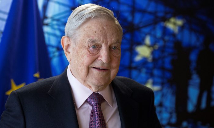 George Soros, founder and chairman of the Open Society Foundations, arrives for a meeting in Brussels, Belgium, on April 27, 2017.  (Olivier Hoslet/AFP/Getty Images)