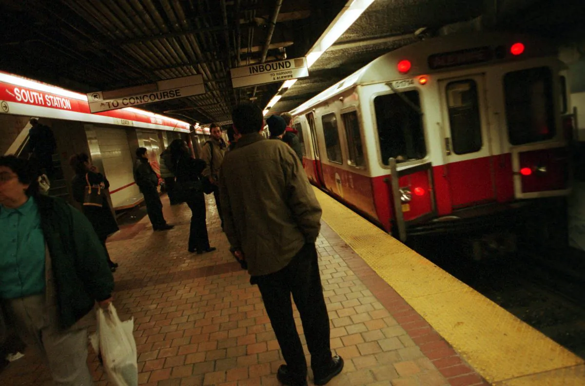 A Red Line train rolls into South Station in downtown Boston MA, U.S. on March 13, 2001. Boston's subway system is the oldest in the nation. (Darren McCollester/Newsmakers)