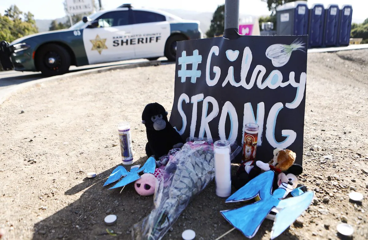 A makeshift memorial is seen outside the site of the Gilroy Garlic Festival, after a mass shooting took place in Gilroy, California, on July 29, 2019. (Mario Tama/Getty Images)