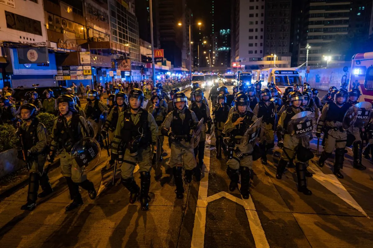 Riot police charge outside of the Mongkok Police Station during a standoff with protesters after an anti-government rally in  Hong Kong, on Sept. 1, 2019. (Anthony Kwan/Getty Images)