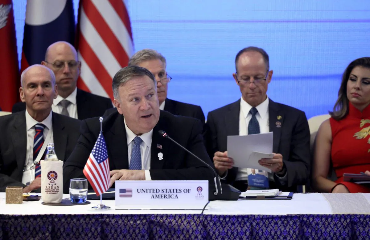 U.S. Secretary of State Mike Pompeo attends a meeting with Foreign Ministers of the Lower Mekong countries, Cambodia, Laos, Thailand, and Vietnam during the ASEAN Foreign Ministers' Meeting in Bangkok, Thailand on Aug. 1, 2019. (Jonathan Ernst/AP)