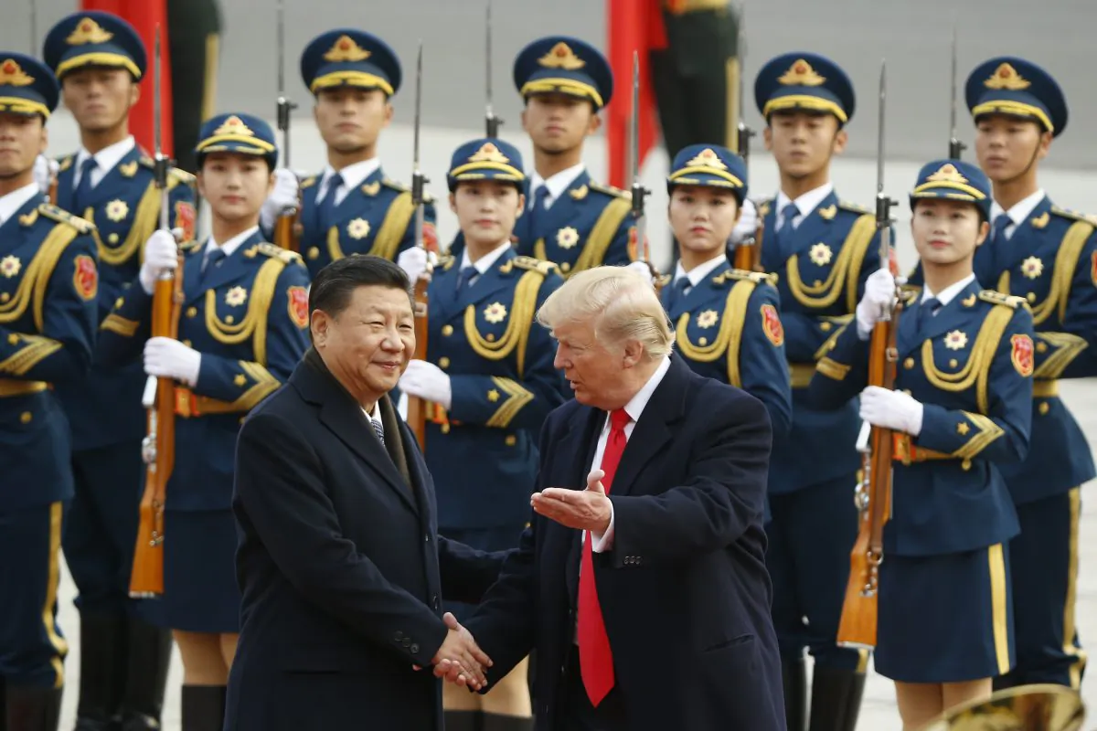 President Donald Trump takes part in a welcoming ceremony with China's President Xi Jinping on November 9, 2017 in Beijing, China. (Thomas Peter/Getty Images)