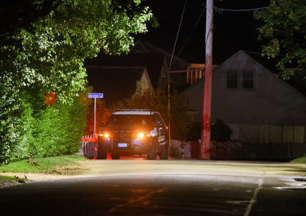A Barnstable Police cruiser sits near the Kennedy Compound in Hyannis Port