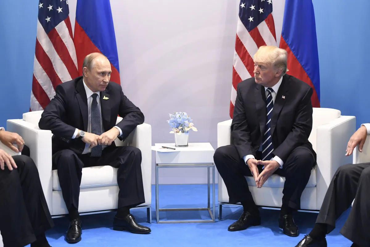 President Donald Trump and Russia's President Vladimir Putin hold a meeting on the sidelines of the G20 Summit in Hamburg, Germany, on July 7, 2017. (SAUL LOEB/AFP/Getty Images)