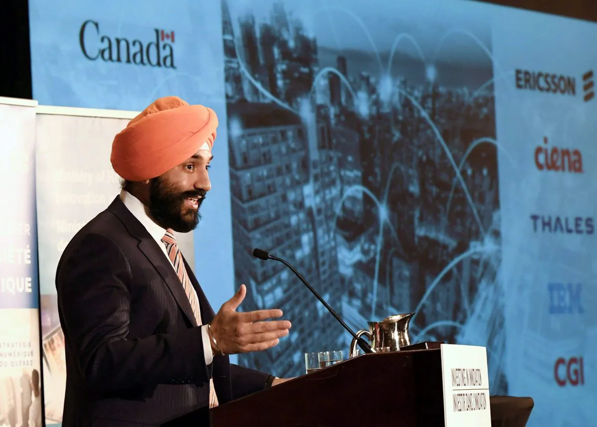 Minister of Innovation, Science and Economic Development Navdeep Bains speaks during an announcement on investments in 5G technology by the Ontario, Quebec, and federal governments, in Ottawa on March 19, 2018. (The Canadian Press/Justin Tang)