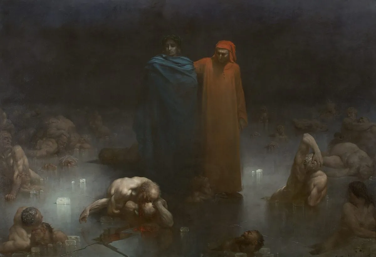 “Dante and Virgil in the Ninth Circle of Hell,” 1861 by Gustave Doré. Oil on Canvas, 10.3 feet by 14.7 feet, Musée municipal de Bourge-en-Bresse. (Public Domain)