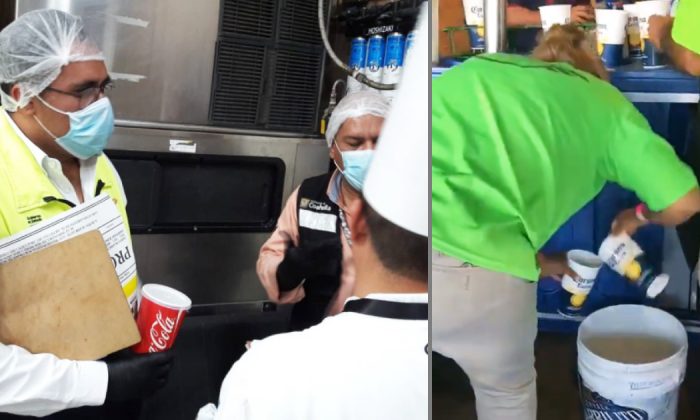 Health Secretariat of Coahuila Jorge Alcocer Varela (L) inspects Eurest Proper Meals after a video emerged of staff reusing leftover beer (R) at Territorio Santos Modelo entertainment complex in Torreón, Mexico, on July 29, 2019. (Courtesy of Santos Club and Cheko V./Twitter)