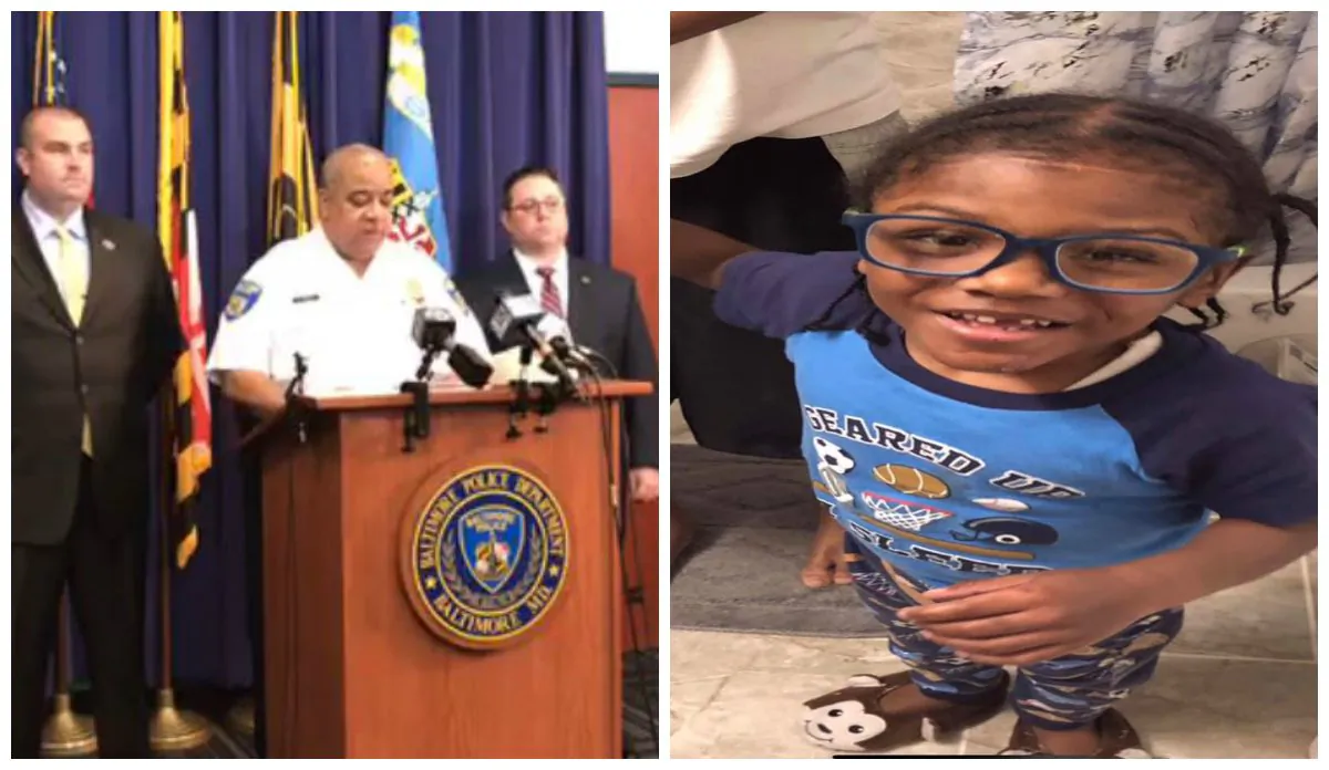 (L)-Baltimore Police Commissioner Michael Harrison and other officials announce the death of Malachi Lawson, 4, on Aug. 3, 2019. (R)-Malachi Lawson in a file photograph. (Baltimore Police Department)