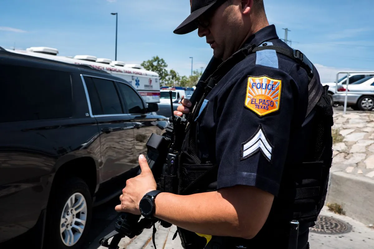 A law enforcement officer near the Walmart in El Paso, Texas where a mass shooting left over 20 people dead or wounded on Aug. 3, 2019. (Joel Angel Juarez/AFP/Getty Images)