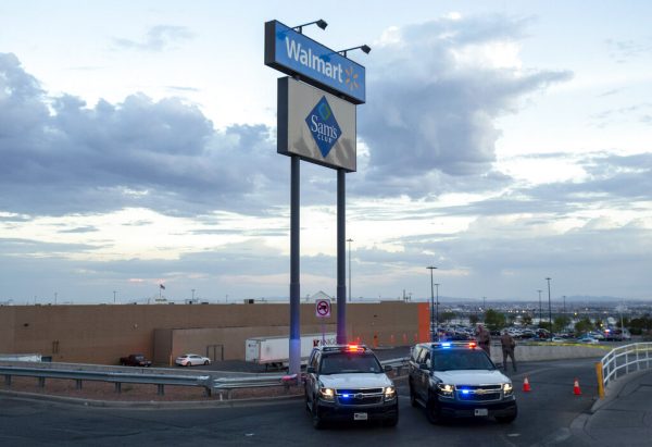 Texas state police cars block the access to the Walmart store
