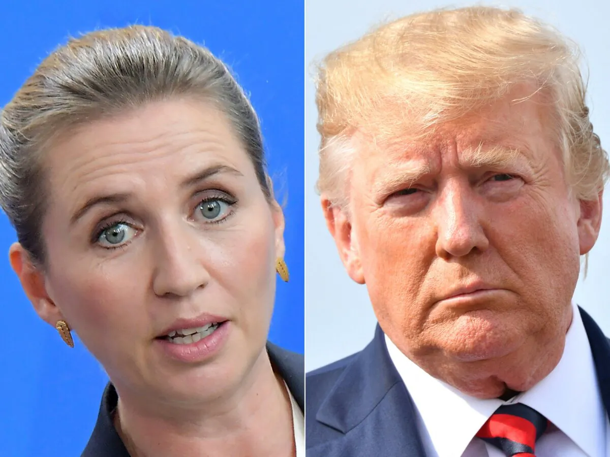 This combination of pictures created on Aug. 20, 2019, shows
Denmark's Prime Minister Mette Frederiksen (L) at a joint press conference on July 11, 2019, at the Chancellery in Berlin and U.S. President Donald Trump before boarding Air Force One in Morristown, N.J., on Aug. 18, 2019. (Tobias Schwarz and Nicholas Kamm/AFP via Getty Images)