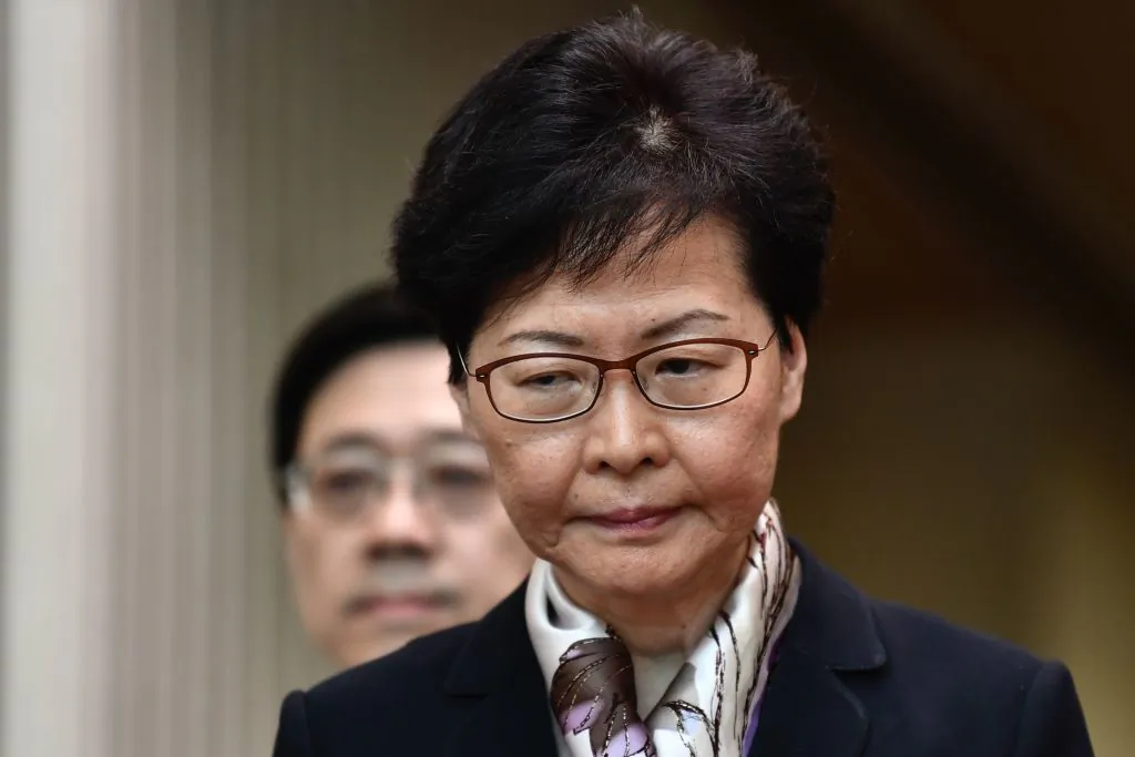 Hong Kong Chief Executive Carrie Lam reacts during a press conference in Hong Kong on Aug. 5, 2019. (ANTHONY WALLACE/AFP/Getty Images)