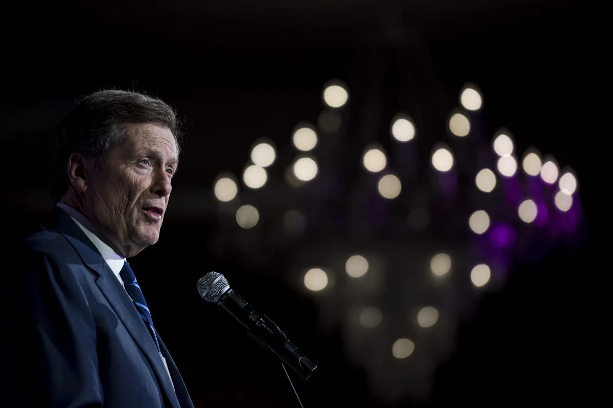 Toronto Mayor John Tory delivers remarks to attendees of the Canadian Muslim Vote's Eid Dinner, in Toronto, on June 21, 2019. (Christopher Katsarov/The Canadian Press)