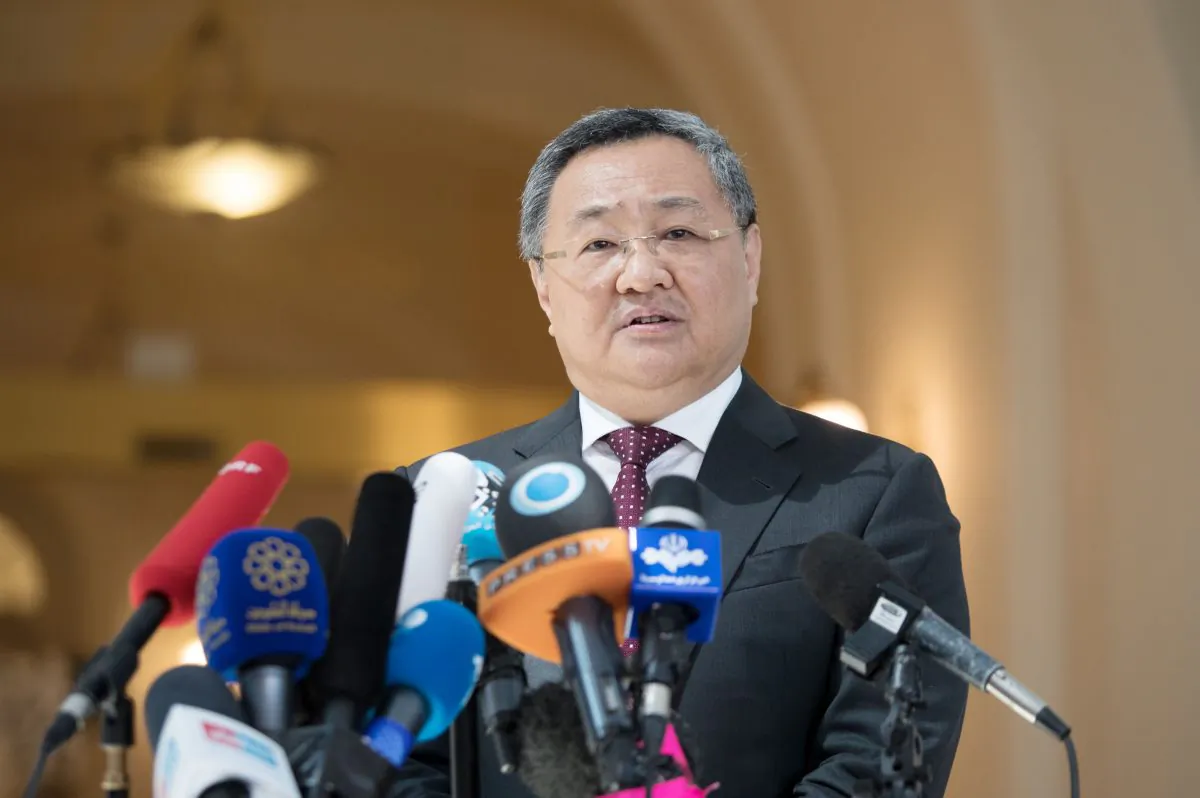 Fu Cong, the director of the Chinese foreign ministry's Arms Control Department speaks to the media on July 28, 2019, at the Palais Coburg in Vienna, Austria. (Alex Halada/AFP/Getty Images)