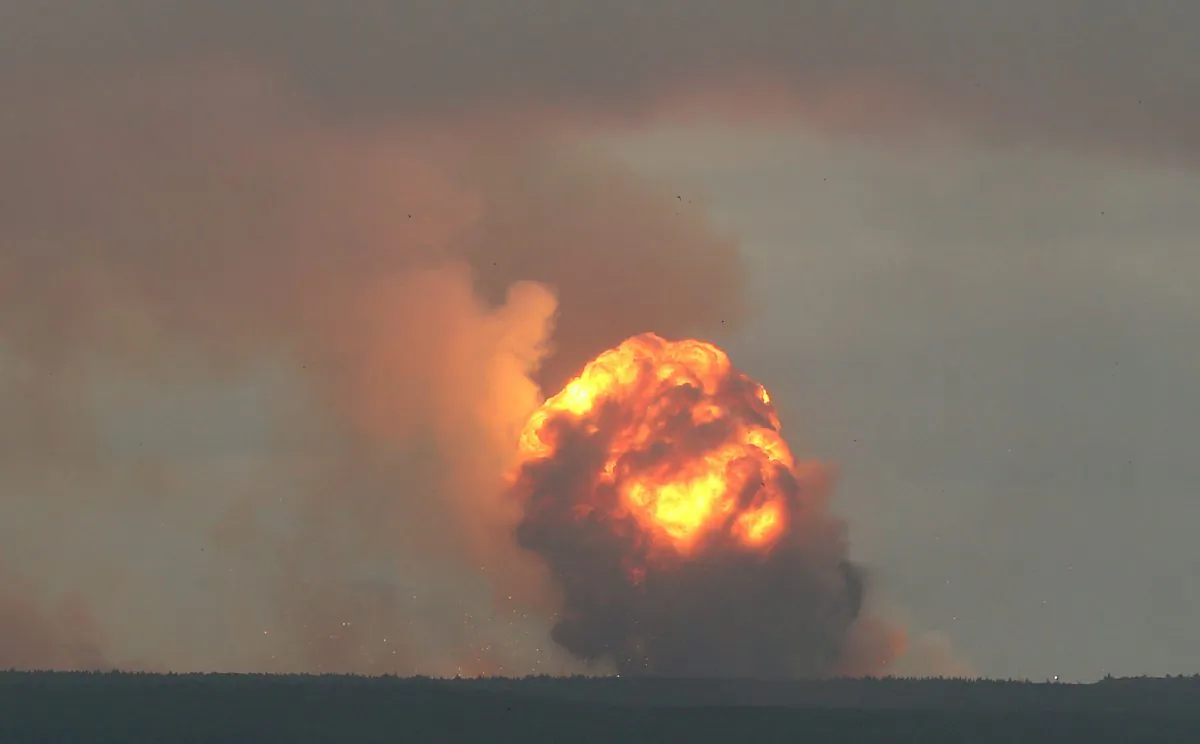 A view shows flame and smoke rising from the site of blasts at an ammunition depot near the town of Achinsk in Krasnoyarsk region, Russia Aug. 5, 2019. (Reuters/Dmitry Dub)