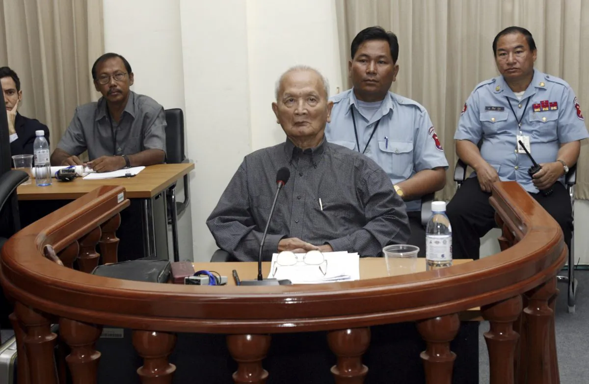 Nuon Chea, Pol Pot's right hand man of the Khmer Rouge regime,sits in the dock during his first public appearance at the Extraordinary Chambers in the Courts of Cambodia (ECCC) on the outskirts of Phnom Penh Feb. 4, 2008. (Chor Sokunthea/Reuters)