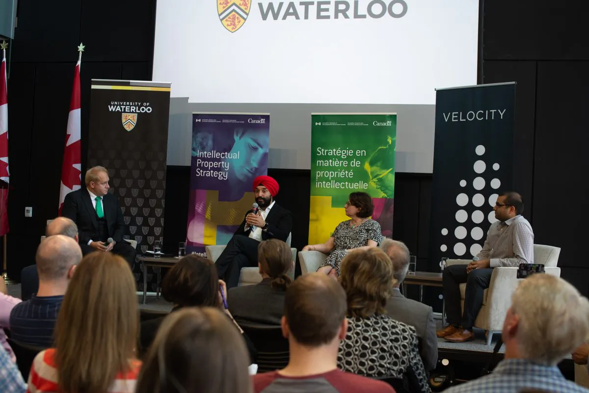 Minister of Innovation, Science and Economic Development Navdeep Bains (2nd L) introduced three intellectual property initiatives at the University of Waterloo on Aug. 1, 2019. (Courtesy University of Waterloo)