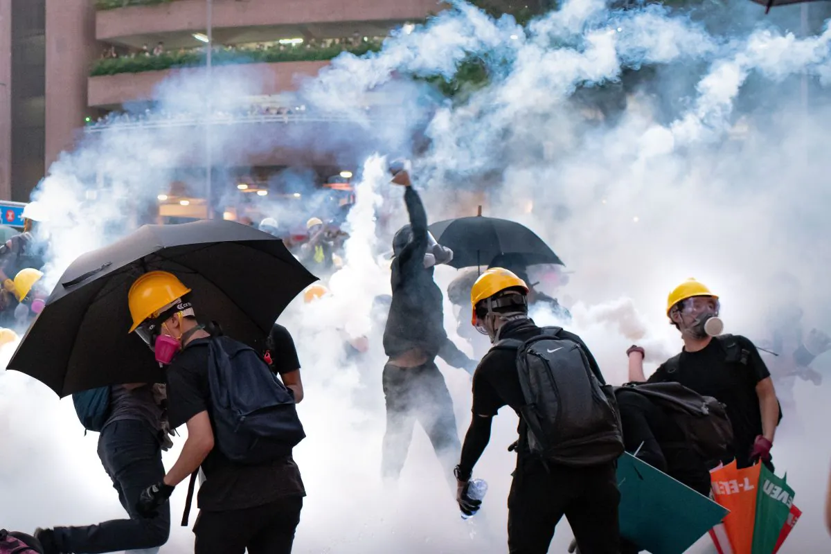 Protesters stand off against riot police at Wong Tai Sin district on August 05, 2019 in Hong Kong, China. (Billy H.C. Kwok/Getty Images)
