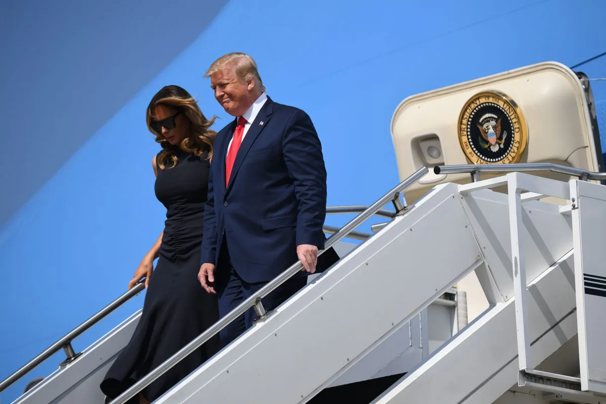 President Donald Trump and First Lady Melania Trump arrive at Wright-Patterson Air Force Base on August 7, 2019, in Ohio. (Saul Loeb/AFP/Getty Images)