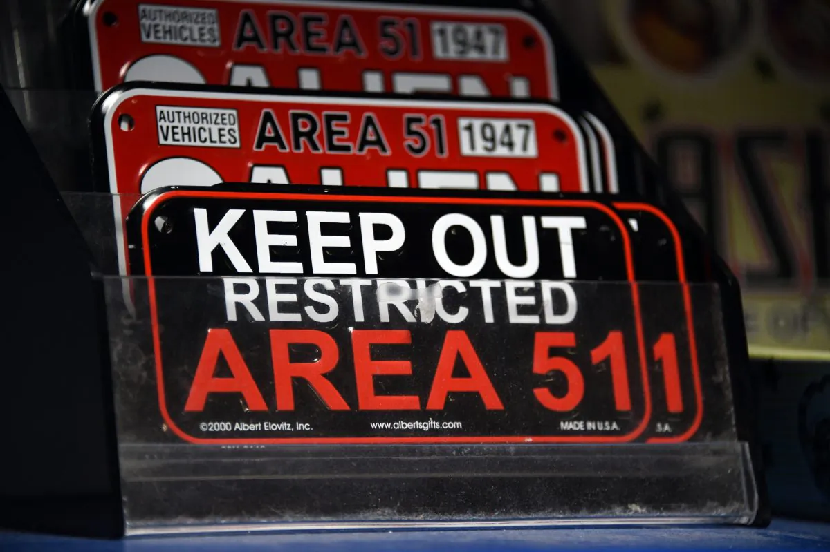 Alien and Area 51 themed gifts are displayed for sale at the Little A'le'Inn restaurant and gift shop in Rachel, Nev., on July 22, 2019. (David Becker/Getty Images)