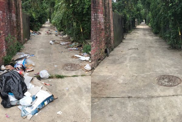 "Before" and "after" images of an alley during a trash cleanup event in Baltimore