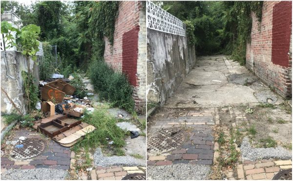 "Before" and "after" images of an alley during a trash cleanup event in Baltimore