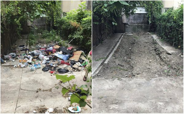 "Before" and "after" images of an alley during a trash cleanup event in Baltimore