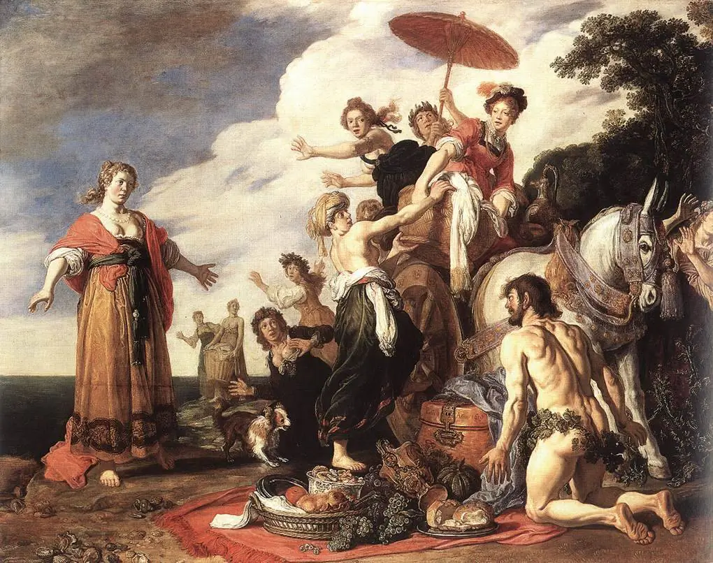 Odysseus meets the gracious and modest Princess Nausicaa. “Odysseus and Nausicaa,” 1619, by Pieter Lastman. Oil on panel. Alte Pinakothek, Munich. (Public Domain)