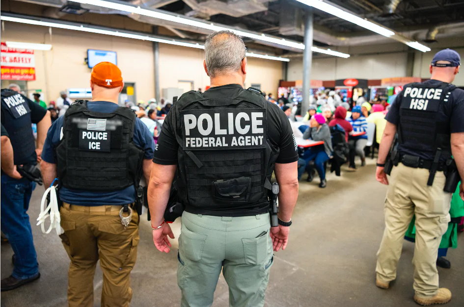 ICE arrests suspected illegal immigrant workers during a worksite enforcement operation at a meat processing plant in Canton, Miss., on Aug. 7, 2019. (ICE)