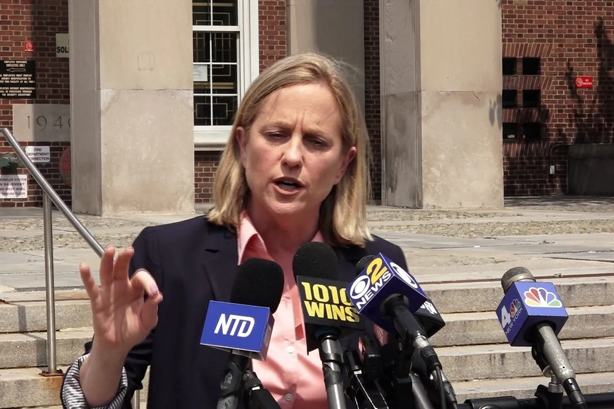 Melinda Katz celebrating her victory in the Democratic primary for Queens District Attorney outside Queens Borough Hall in the Queens borough of New York City on June 25, 2019. (Jason Xiong/NTD News)