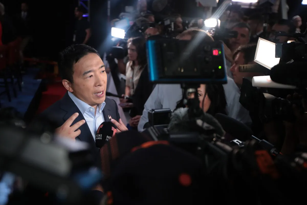 Democratic presidential candidate former tech executive Andrew Yang speaks to reporters after the the Democratic Presidential Debate at the Fox Theatre in Detroit on July 31, 2019. (Scott Olson/Getty Images)