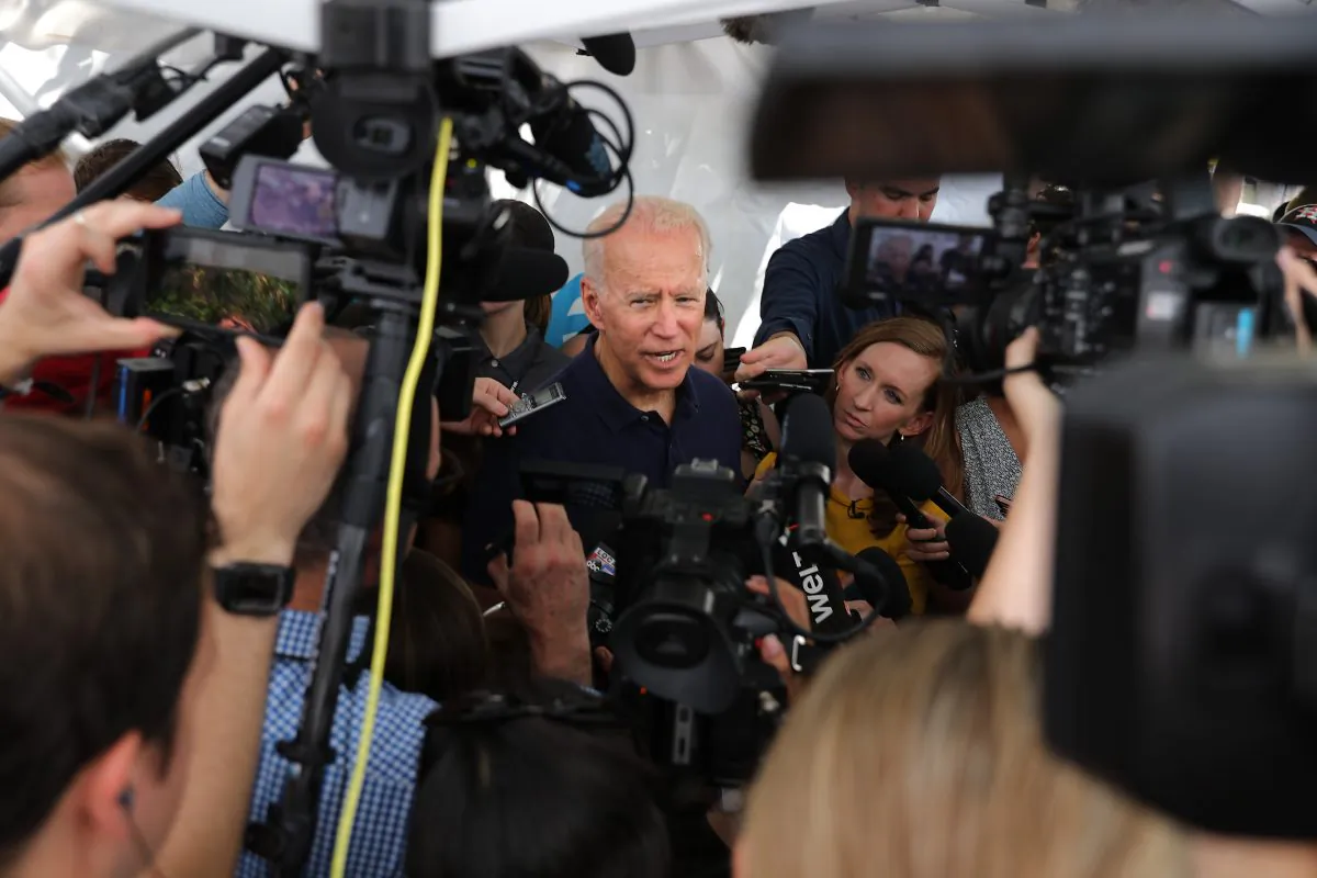 Democratic presidential candidate and former Vice President Joe Biden talks to journalists during the Iowa State Fair in Des Moines, Iowa on Aug. 8, 2019. (Chip Somodevilla/Getty Images)