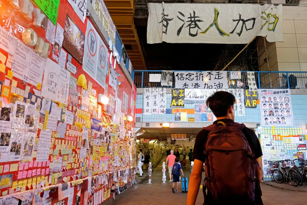 Memos and posters over anti-extradition bill are seen on "Lennon Walls" at Tai Po in Hong Kong, China on Aug. 9, 2019. (Tyrone Siu/Reuters)