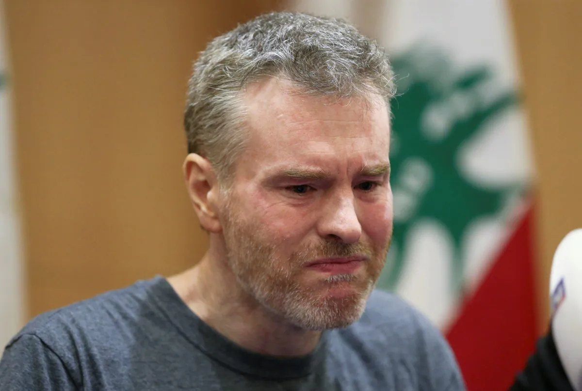 Canadian citizen, Kristian Lee Baxter, who was being held in Syria, reacts during a news conference, after being released, in Beirut, Lebanon August 9, 2019. (Mohamed Azakir/Reuters)