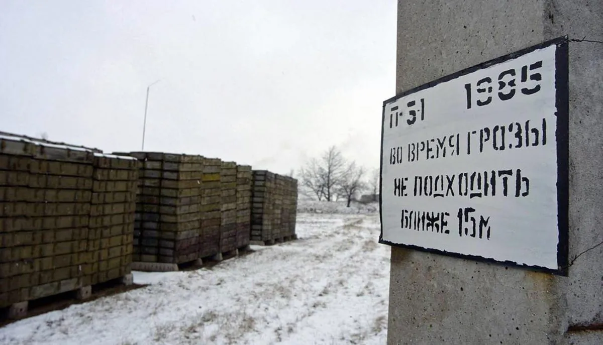 Picture taken on March 2005 displays boxes of ammunition stored in a open-air Russian ammunition depot. (Vadim Denisov/AFP/FILE PHOTO via Getty Images)