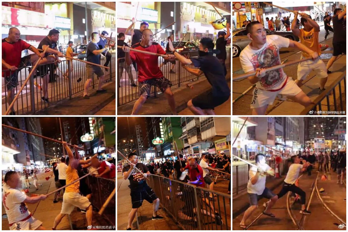 A group of gang members beaten local Hongkongers at North Point of Hong Kong on the evening of August 5, 2019. (Weibo)