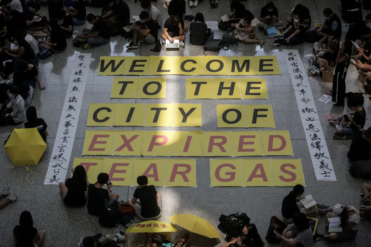 Protesters rally against a controversial extradition bill at Hong Kong's international airport on Aug. 10, 2019. (Vivek Prakash/AFP/Getty Images)