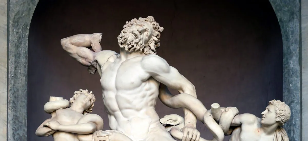• A detail from “Laocoön and his sons,” 40–30 B.C, attributed by Pliny the Elder to Agesander, Athenodoros, and Polydorus. Marble, 6 feet 10 inches high by 5 feet 4 inches wide by 3 feet 8 inches deep. Vatican Museum, Italy. (CC BY-SA 4.0)