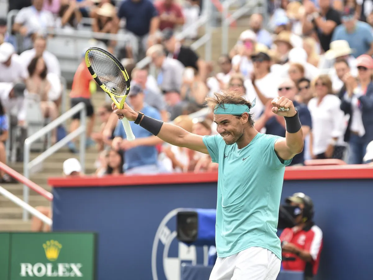 Rafael Nadal of Spain celebrates his 6-3, 6-0 victory over Daniil Medvedev of Russia during the mens singles final of the Rogers Cup at IGA Stadium on August 11, 2019 in Montreal, Quebec, Canada. (Minas Panagiotakis/Getty Images)