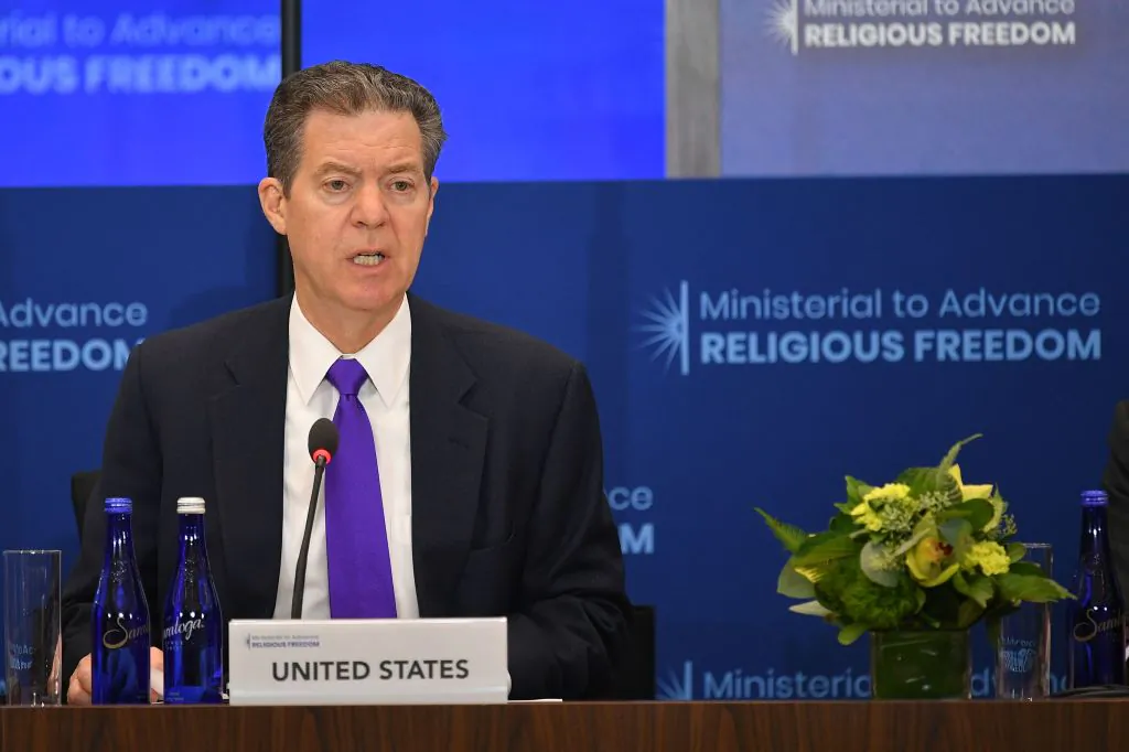 US Ambassador-at-Large for International Religious Freedom Sam Brownback speaks during the second Ministerial to Advance Religious Freedom in the Loy Henderson Auditorium of the State Department in Washington, on July 18, 2019. (Mandel Ngan/AFP/Getty Images)