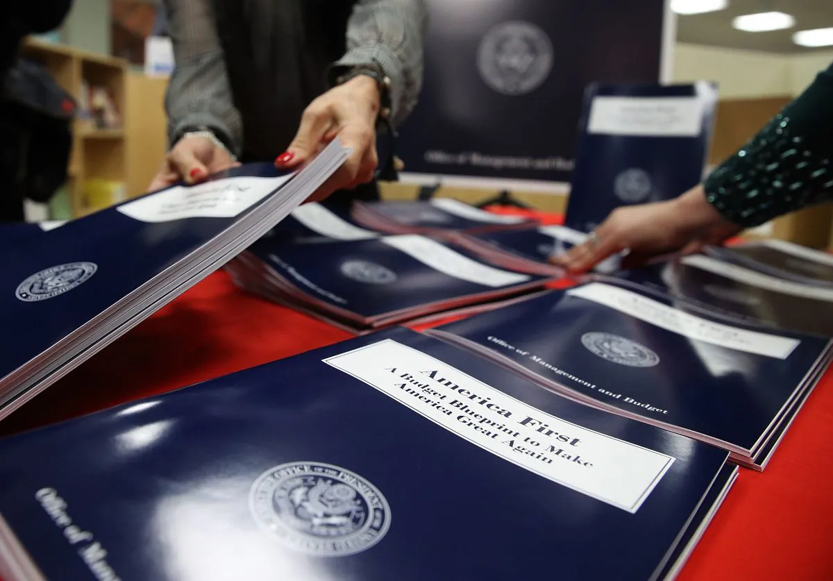 Copies of U.S. President Donald Trump's overview of budget priorities for FY2018, titled "America First: A Budget Blueprint to Make America Great Again." are put on display at the Government Publishing Office (GPO) and the Office of Management and Budget, in Washington on March 16, 2017. (Mark Wilson/Getty Images)