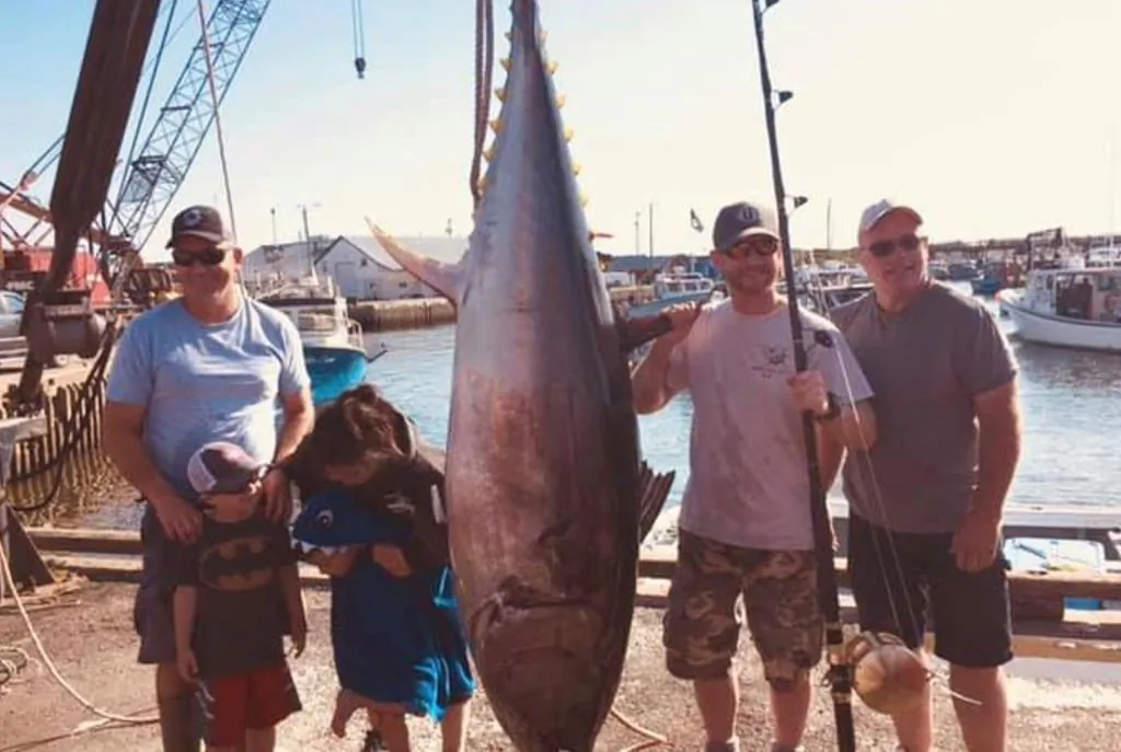 Tuna fishermen pose with their catch in a handout photo.A tuna buyer in Prince Edward Island has opened Canada's first federally licensed plant to process bluefin tuna for the world sushi market. (HO-Jason Tompkins/The Canadian Press)