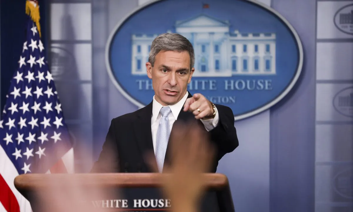 Acting Director of United States Citizenship and Immigration Services Ken Cuccinelli speaks to media at the White House in Washington on Aug. 12, 2019. (Charlotte Cuthbertson/The Epoch Times)